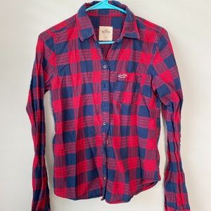 Hollister Red and Navy Long Sleeve Button Up Plaid